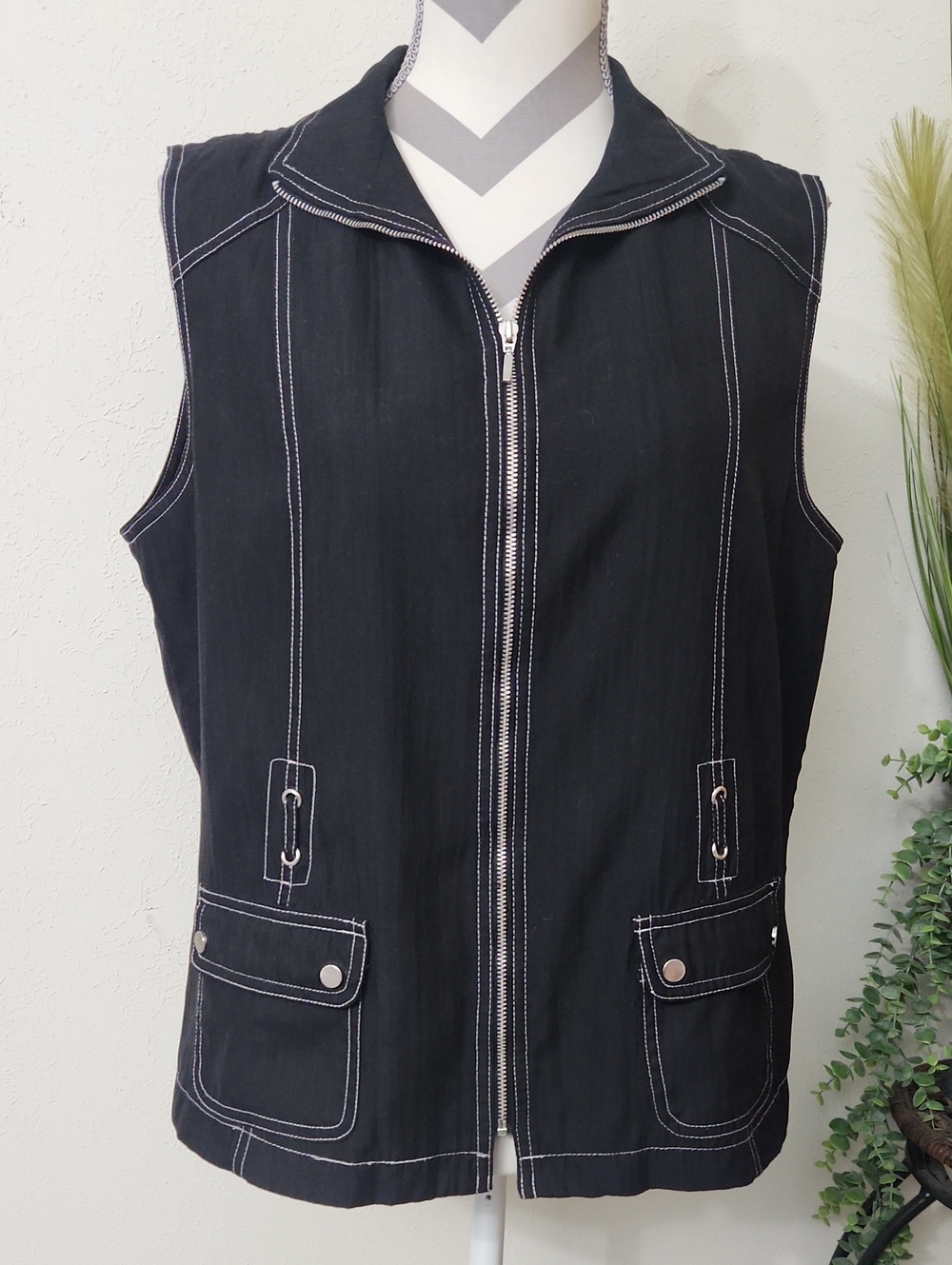 Allison Daley Black Sleeveless Zip Vest with White Topstitching